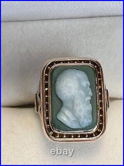 Antique Victorian Hand Carved Green Agate Cameo In 10k Rose Gold Etchings Sides