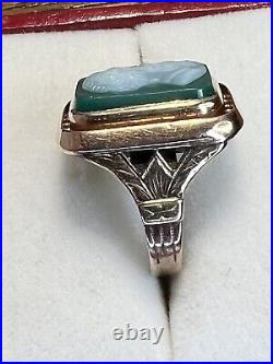 Antique Victorian Hand Carved Green Agate Cameo In 10k Rose Gold Etchings Sides