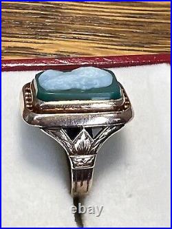 Antique Victorian Hand Carved Green Agate Cameo In 10k Rose Gold Etchings Sides