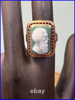 Antique Victorian Hand Carved Green Agate Cameo In 10k Rose Gold Etchings Sides