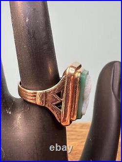 Antique Victorian Hand Carved Green Agate Cameo In 10k Rose Gold Etchings Sides