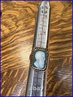 Antique Victorian Hand Carved Green Agate Cameo In 10k Rose Gold Etchings Sides