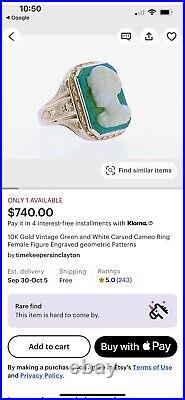 Antique Victorian Hand Carved Green Agate Cameo In 10k Rose Gold Etchings Sides
