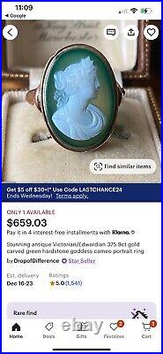 Antique Victorian Hand Carved Green Agate Cameo In 10k Rose Gold Etchings Sides