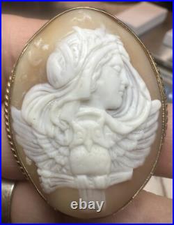 Antique Victorian Hand Carved Italian Shell Cameo Greek Goddess's & Owl 9ct Gold