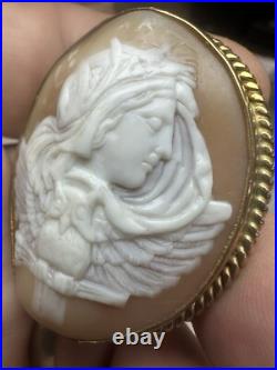 Antique Victorian Hand Carved Italian Shell Cameo Greek Goddess's & Owl 9ct Gold