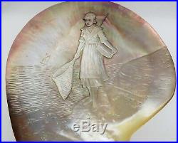 Antique Victorian Hand Carved Large Mother Of Pearl Shell Of Lady With Net