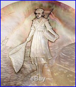 Antique Victorian Hand Carved Large Mother Of Pearl Shell Of Lady With Net