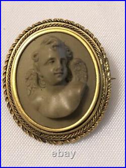 Antique Victorian Hand Carved Lava Cameo Of A Cherub 14 K Gold Frame