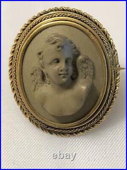 Antique Victorian Hand Carved Lava Cameo Of A Cherub 14 K Gold Frame