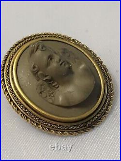 Antique Victorian Hand Carved Lava Cameo Of A Cherub 14 K Gold Frame