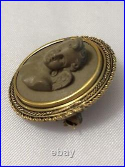 Antique Victorian Hand Carved Lava Cameo Of A Cherub 14 K Gold Frame