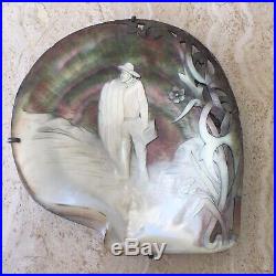 Antique Victorian Hand-Carved Mother of Pearl Shell Seascape Fisherman