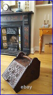 Antique Victorian Hand Carved Oak Wood Coal Scuttle Purdonium Fireside Log Box