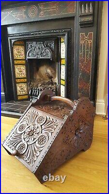 Antique Victorian Hand Carved Oak Wood Coal Scuttle Purdonium Fireside Log Box