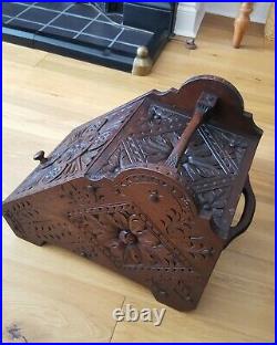 Antique Victorian Hand Carved Oak Wood Coal Scuttle Purdonium Fireside Log Box