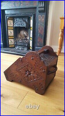 Antique Victorian Hand Carved Oak Wood Coal Scuttle Purdonium Fireside Log Box