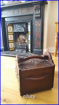 Antique Victorian Hand Carved Oak Wood Coal Scuttle Purdonium Fireside Log Box