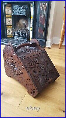 Antique Victorian Hand Carved Oak Wood Coal Scuttle Purdonium Fireside Log Box