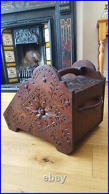 Antique Victorian Hand Carved Oak Wood Coal Scuttle Purdonium Fireside Log Box