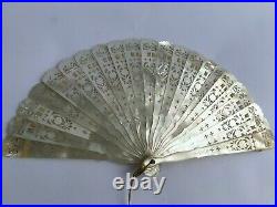 Antique Victorian Hand Carved / Pierced Mother Of Pearl Brise Fan