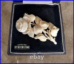 Antique Victorian Hand Carved Rose Flower Floral Brooch Pin Beautiful Gift