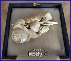 Antique Victorian Hand Carved Rose Flower Floral Brooch Pin Beautiful Gift