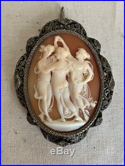 Antique Victorian Hand Carved Shell Cameo Brooch Pendant Of Three Graces Silver