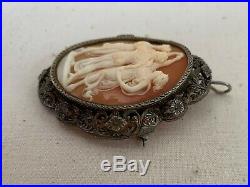 Antique Victorian Hand Carved Shell Cameo Brooch Pendant Of Three Graces Silver