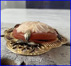 Antique Victorian Hand Carved Shell Cameo Lady Flowers Brooch 12k Signed Pin #24
