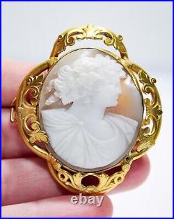 Antique Victorian Hand Carved Shell Cameo Large Gold Filled Pin Brooch