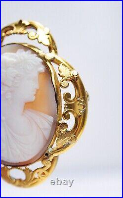 Antique Victorian Hand Carved Shell Cameo Large Gold Filled Pin Brooch