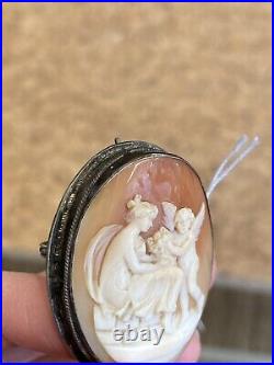 Antique Victorian Hand Carved Shell Cameo Pendant /Pin Depicting Venus & Cupid