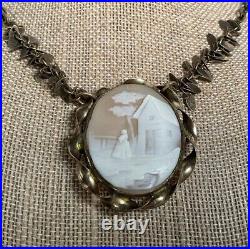 Antique Victorian Hand Carved Shell Cameo Scene Brass Necklace / Brooch