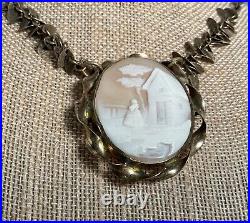 Antique Victorian Hand Carved Shell Cameo Scene Brass Necklace / Brooch