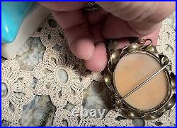 Antique Victorian Hand Carved Shell Cameo Scene Brass Necklace / Brooch