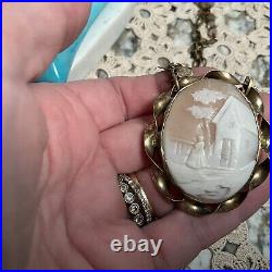 Antique Victorian Hand Carved Shell Cameo Scene Brass Necklace / Brooch