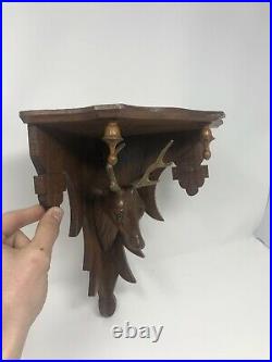 Antique Victorian Hand Carved Stag / Deer Walnut Corner Shelf Ornate 11.5
