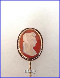Antique Victorian Hand Carved Stone Cameo Stick Pin of Woman's Profile 14K