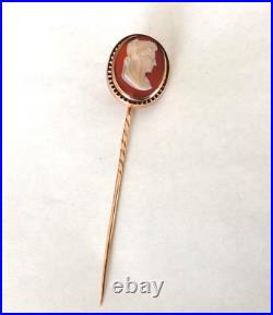 Antique Victorian Hand Carved Stone Cameo Stick Pin of Woman's Profile 14K