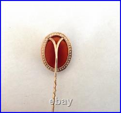Antique Victorian Hand Carved Stone Cameo Stick Pin of Woman's Profile 14K