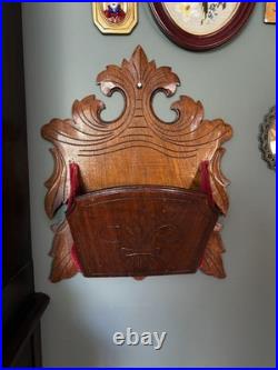 Antique Victorian Hand Carved Walnut Wall Pocket