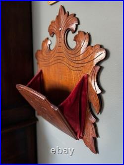 Antique Victorian Hand Carved Walnut Wall Pocket