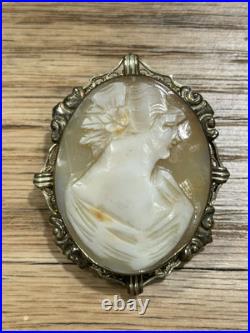 Antique Victorian Hand Carved Woman Cameo Shell Broach/Pendant Civil War Era
