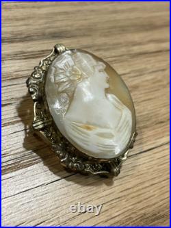 Antique Victorian Hand Carved Woman Cameo Shell Broach/Pendant Civil War Era