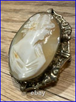 Antique Victorian Hand Carved Woman Cameo Shell Broach/Pendant Civil War Era
