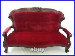 Antique Victorian Hand Carved Wood Miniature Child Doll Sofa Settee