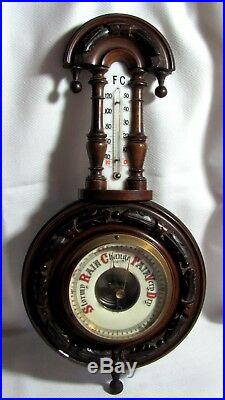 Antique Victorian Hand Carved Wood Wall Barometer with Milk Glass Thermometer 15