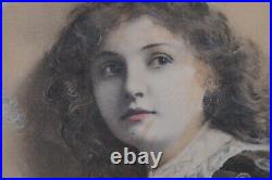 Antique Victorian Hand Colored Portrait of a Girl Wearing Hat Lithograph Print 1