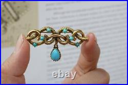 Antique Victorian Hand Crafted 14K Yellow Gold Turquoise Brooch